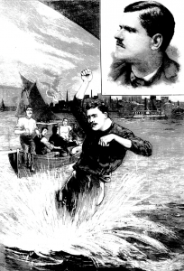 1886. Donovan, el saltador del Puente de Brooklyn, como lo ilustró su emplador, National Police Gazette