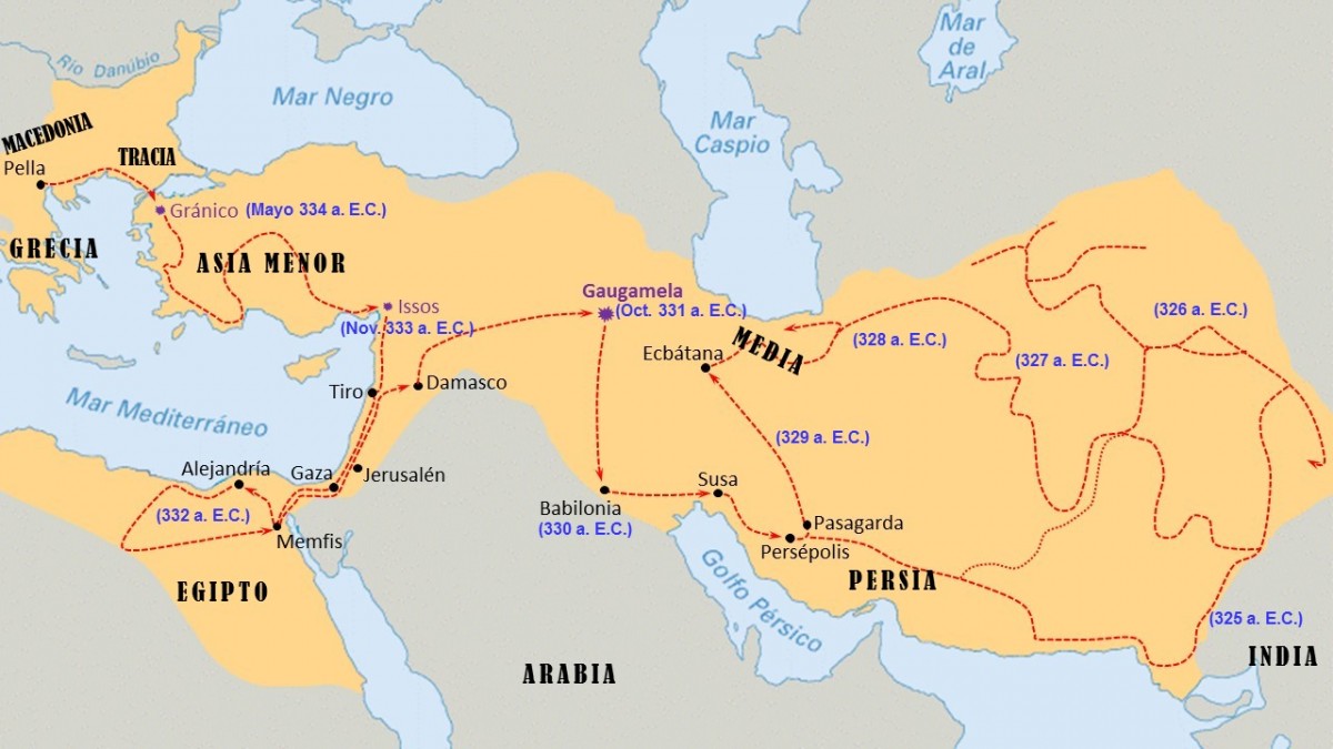 Alejandro Magno. Mapa de sus conquistas.