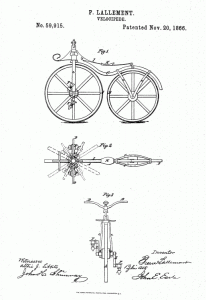La patente original de la bicicleta a pedales de Pierre Lallement (1866)